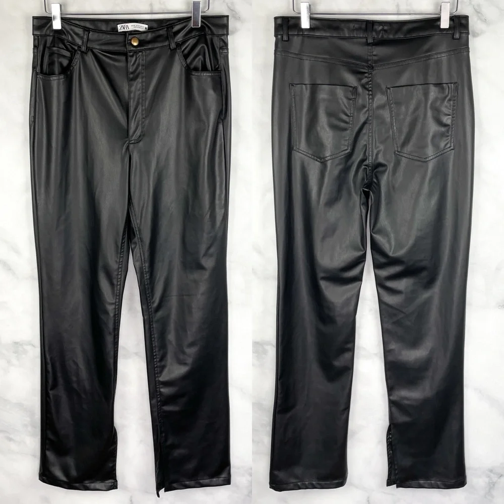 Zara Slim Flare Faux Leather Split Hem Trouser Pants Straight Leg Vegan Black 10 - Picture 2 of 6